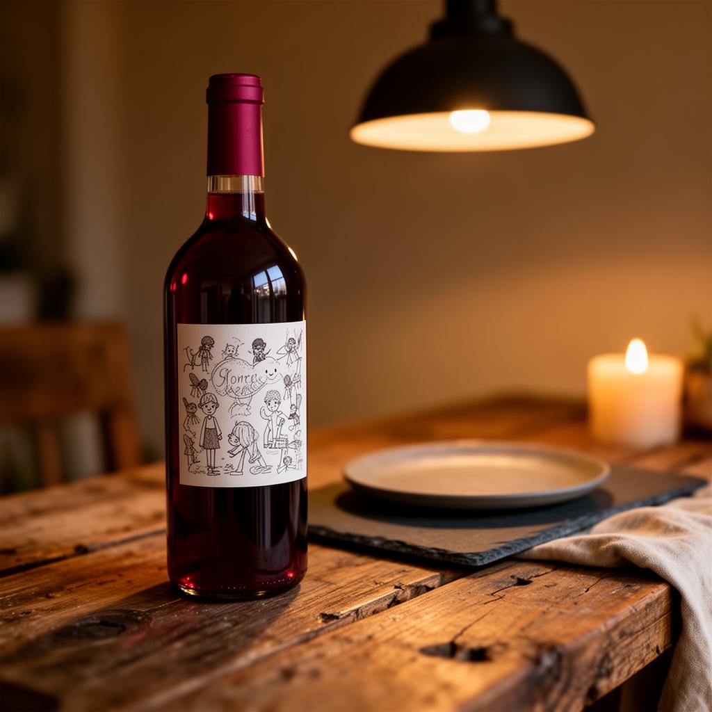 AI-generated wine bottle on rustic oak table