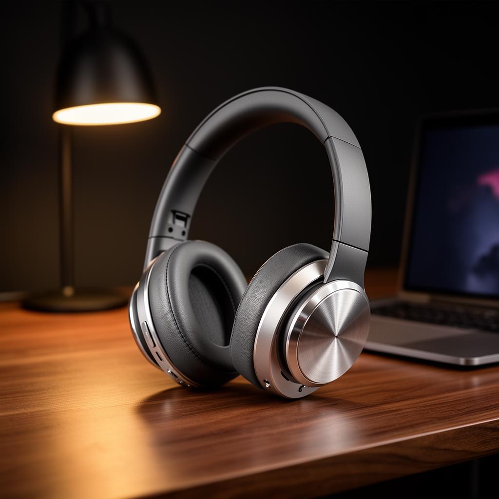 AI-generated wireless headphones on walnut desk